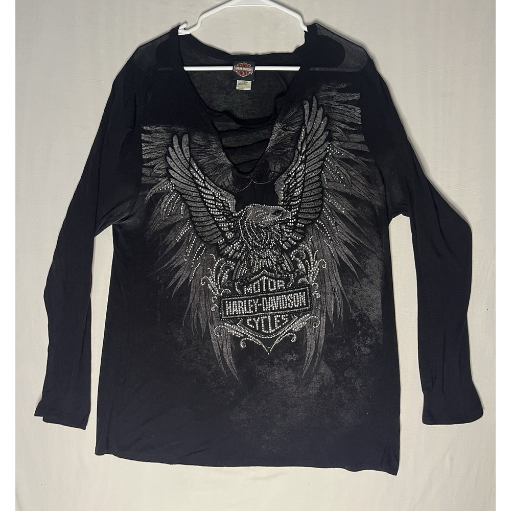 Harley Davidson Eagle Embellished Cut Out V Neck Top Women's Size XL Black